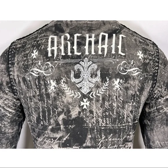 Archaic by Affliction Men's Thermal Shirt SHIELDED Wing Biker Gray - Picture 8 of 9